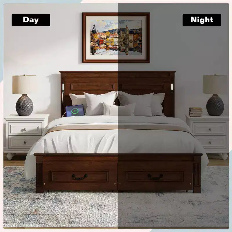 Farmhouse Bed Frame with Tall Panel Headboard, Storage Drawers & Lights (Queen/King