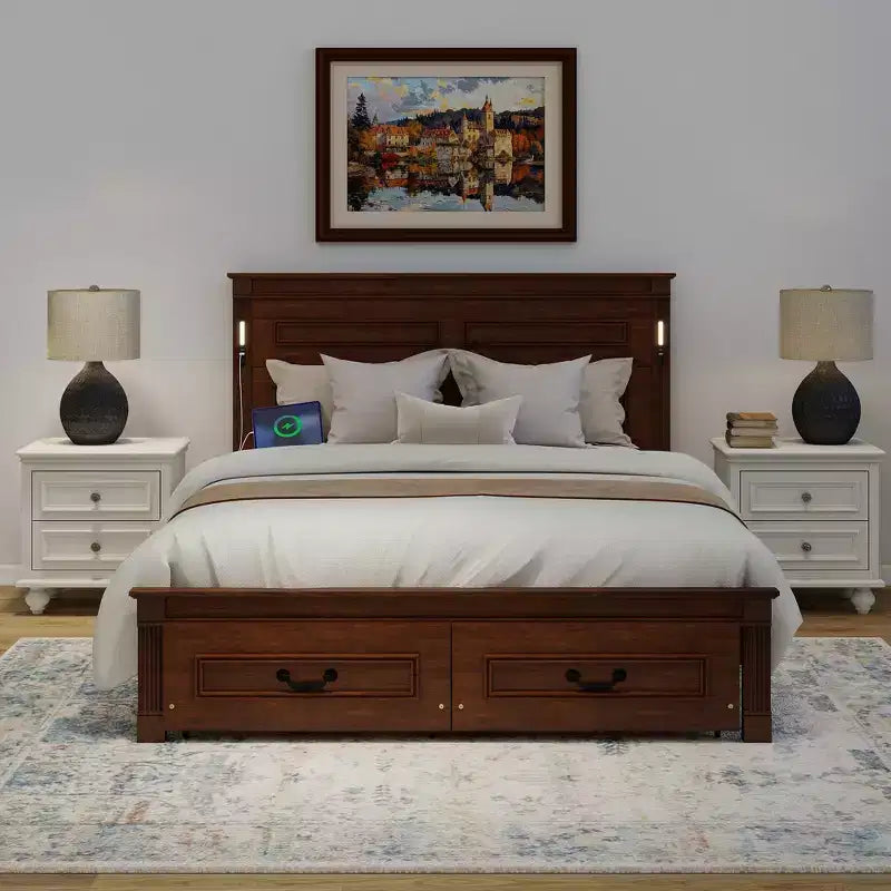 Farmhouse Bed Frame with Tall Panel Headboard, Storage Drawers & Lights (Queen/King