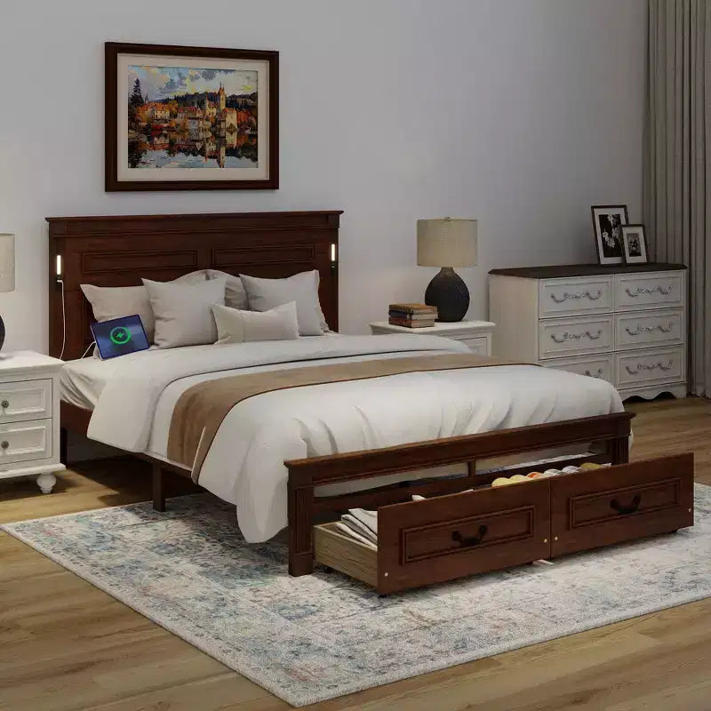 Farmhouse Bed Frame with Tall Panel Headboard, Storage Drawers & Lights (Queen/King