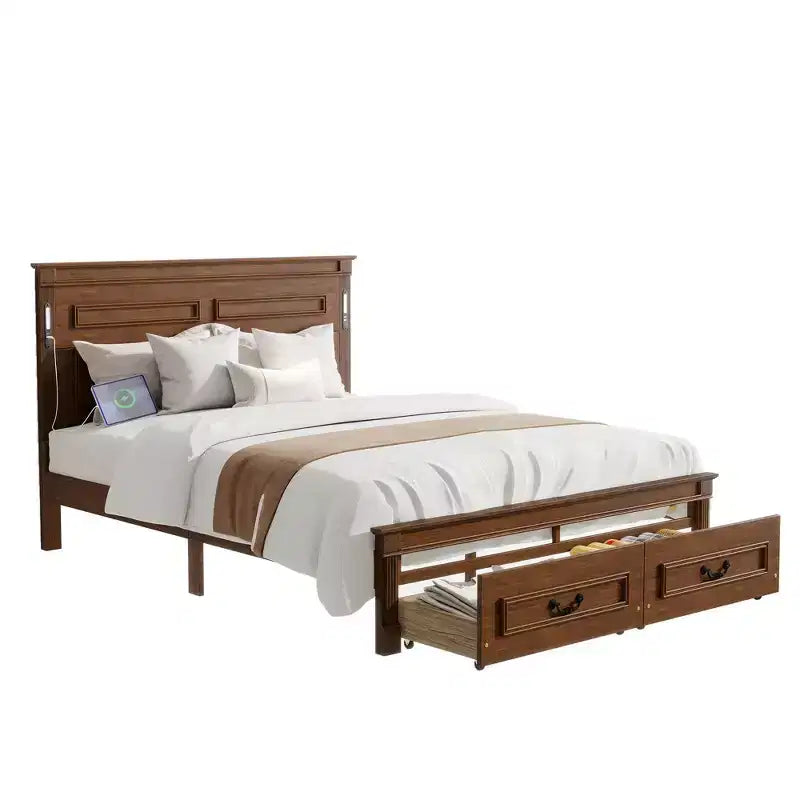 Farmhouse Bed Frame with Tall Panel Headboard, Storage Drawers & Lights (Queen/King