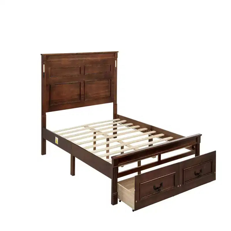 Farmhouse Bed Frame with Tall Panel Headboard, Storage Drawers & Lights (Queen/King