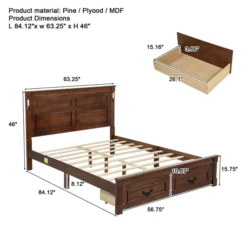 Farmhouse Bed Frame with Tall Panel Headboard, Storage Drawers & Lights (Queen/King