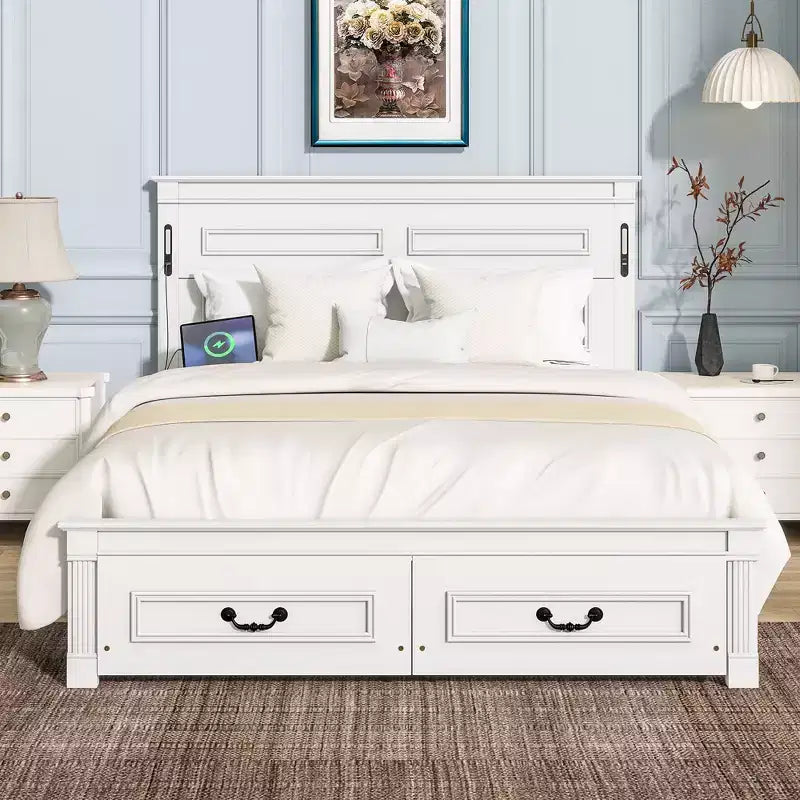 Farmhouse Bed Frame with Tall Panel Headboard, Storage Drawers & Lights (Queen/King