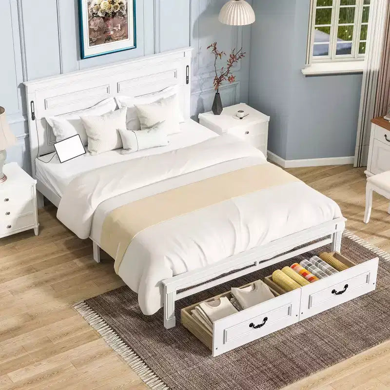 Farmhouse Bed Frame with Tall Panel Headboard, Storage Drawers & Lights (Queen/King