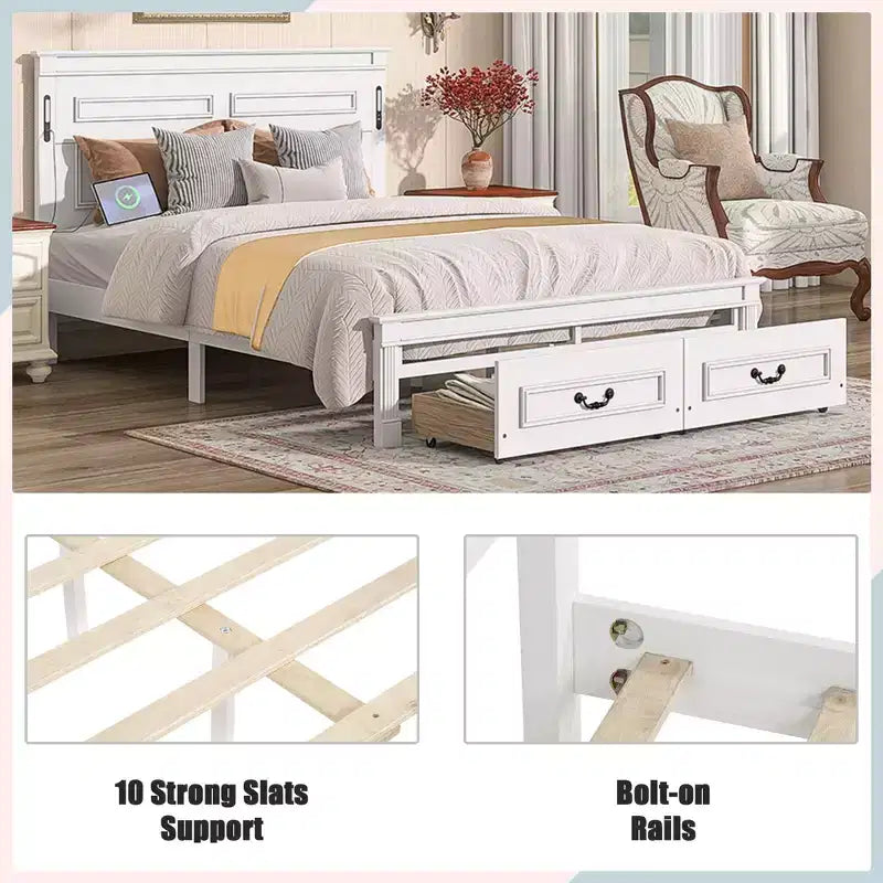 Farmhouse Bed Frame with Tall Panel Headboard, Storage Drawers & Lights (Queen/King