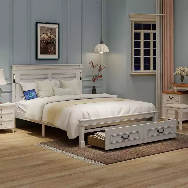Farmhouse Bed Frame with Tall Panel Headboard, Storage Drawers & Lights (Queen/King