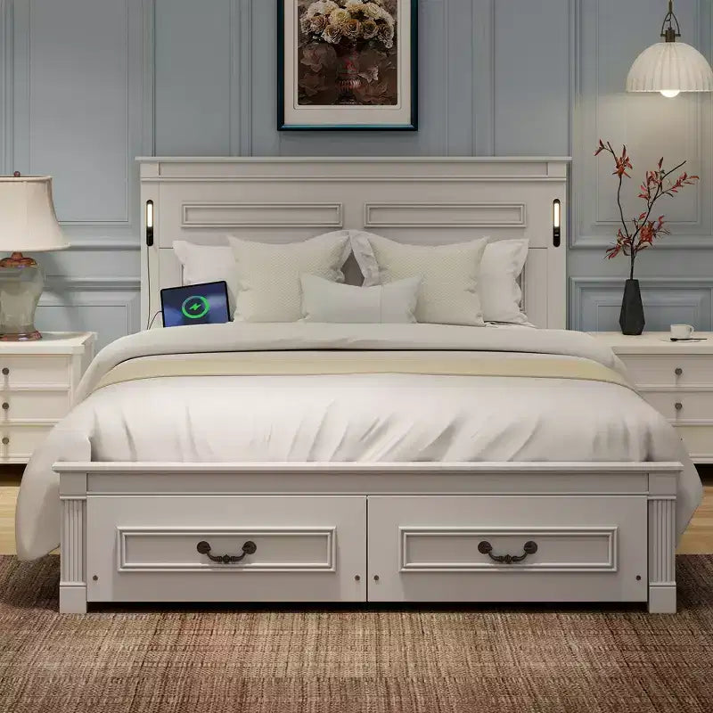 Farmhouse Bed Frame with Tall Panel Headboard, Storage Drawers & Lights (Queen/King