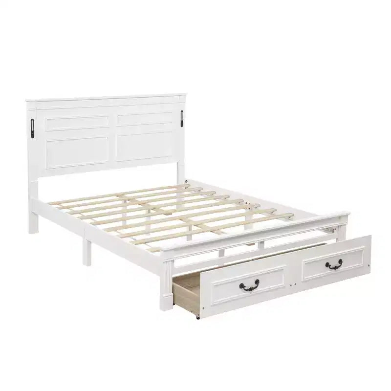 Farmhouse Bed Frame with Tall Panel Headboard, Storage Drawers & Lights (Queen/King
