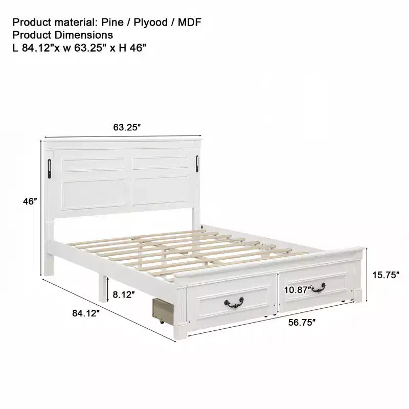 Farmhouse Bed Frame with Tall Panel Headboard, Storage Drawers & Lights (Queen/King