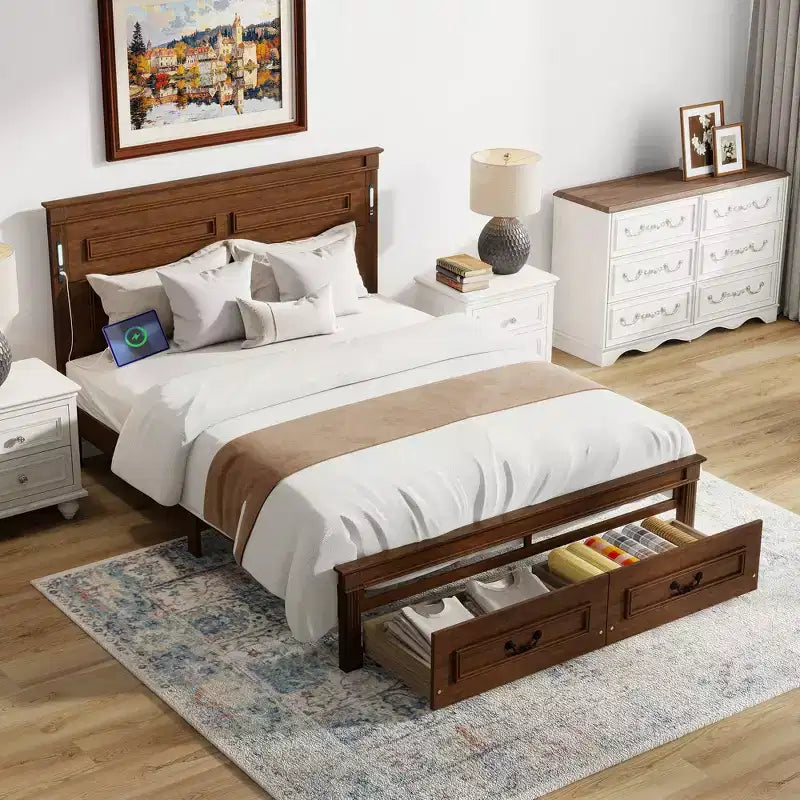 Farmhouse Bed Frame with Tall Panel Headboard, Storage Drawers & Lights (Queen/King