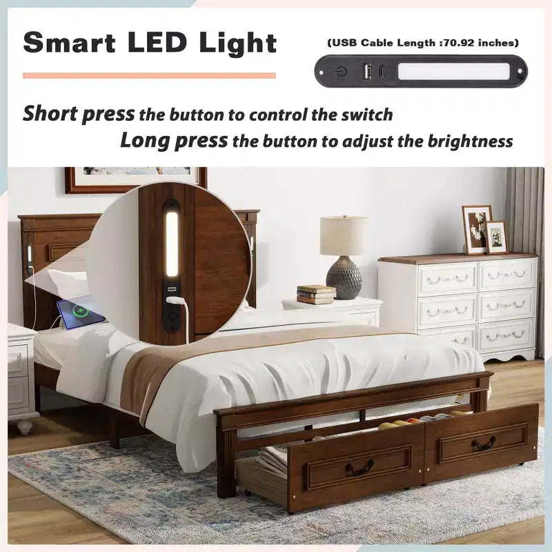 Farmhouse Bed Frame with Tall Panel Headboard, Storage Drawers & Lights (Queen/King