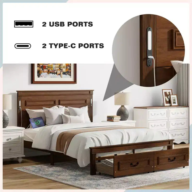 Farmhouse Bed Frame with Tall Panel Headboard, Storage Drawers & Lights (Queen/King