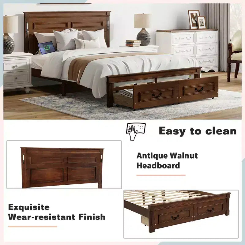 Farmhouse Bed Frame with Tall Panel Headboard, Storage Drawers & Lights (Queen/King