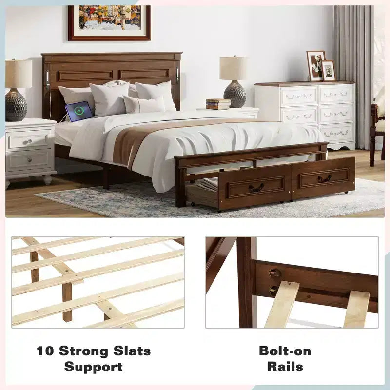 Farmhouse Bed Frame with Tall Panel Headboard, Storage Drawers & Lights (Queen/King
