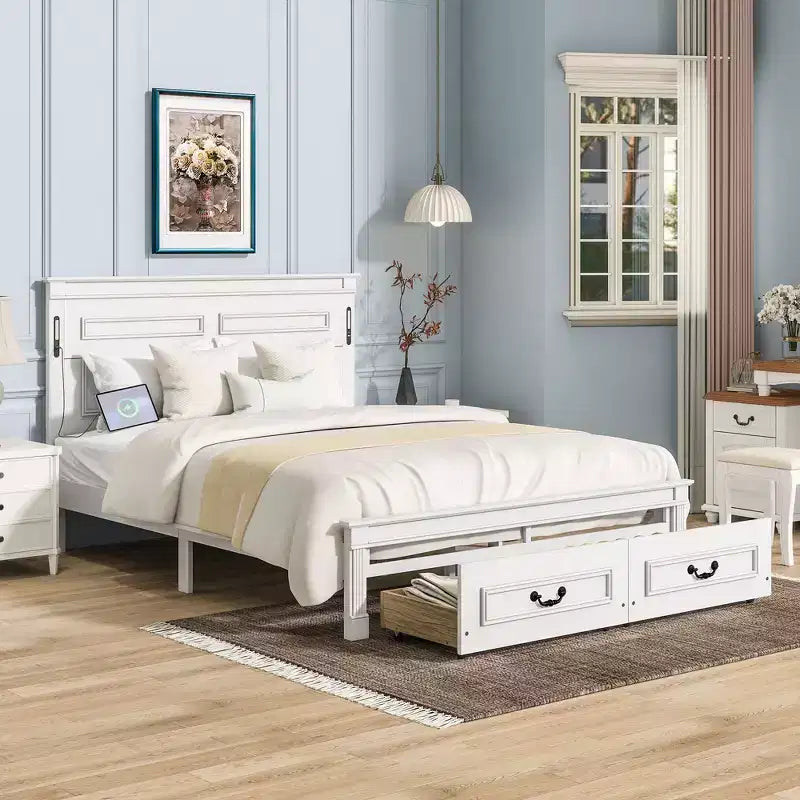 Farmhouse Bed Frame with Tall Panel Headboard, Storage Drawers & Lights (Queen/King