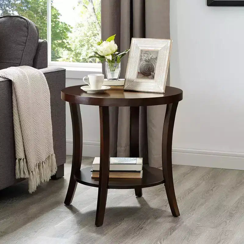 GDFStudio Tyn Modern Round Wooden 2-Tier End Table with Underneath Shelf and Curved Legs
