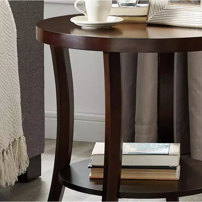 GDFStudio Tyn Modern Round Wooden 2-Tier End Table with Underneath Shelf and Curved Legs