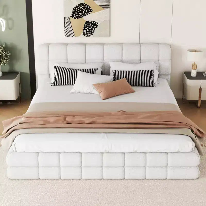 Queen Size Upholstered Wooden Platform Bed Frame with Velvet Headboard