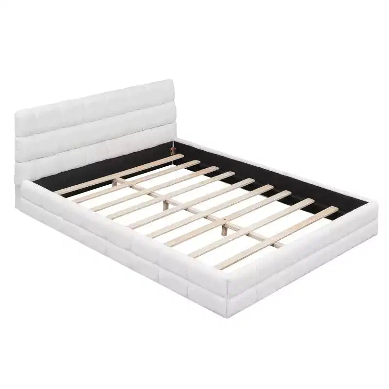Queen Size Upholstered Wooden Platform Bed Frame with Velvet Headboard