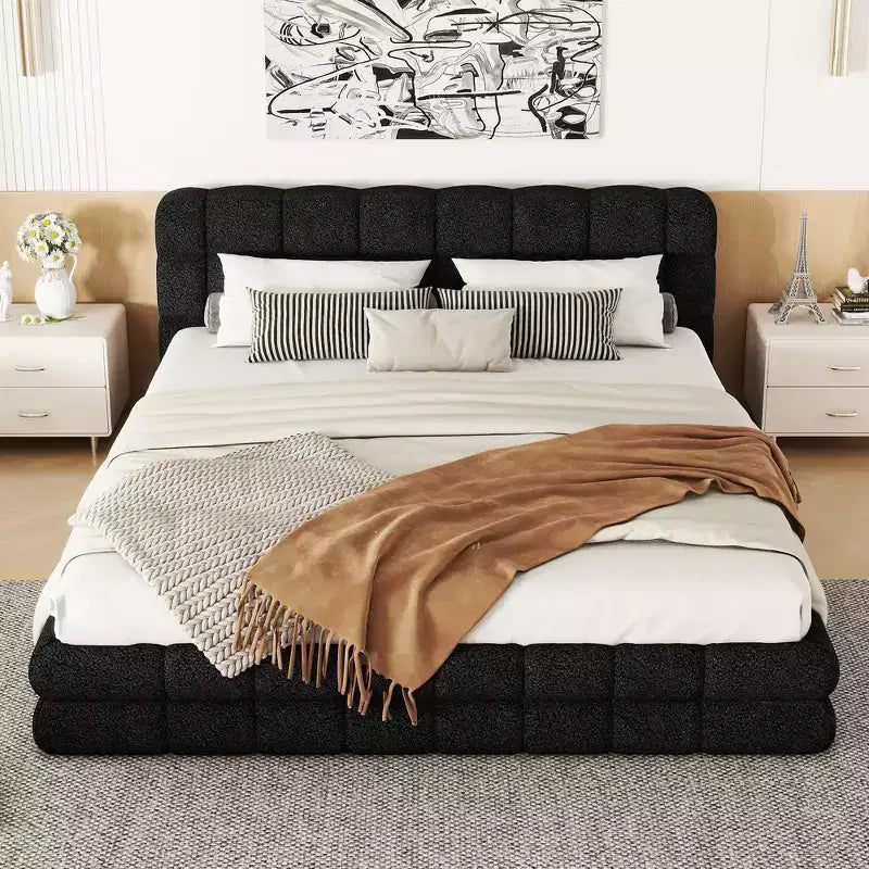 Queen Size Upholstered Wooden Platform Bed Frame with Velvet Headboard
