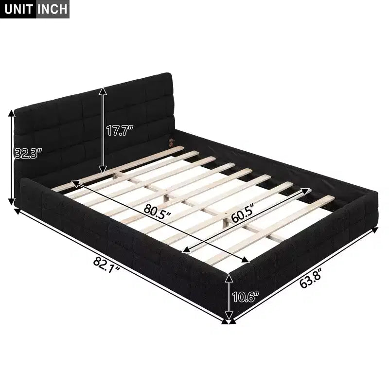 Queen Size Upholstered Wooden Platform Bed Frame with Velvet Headboard