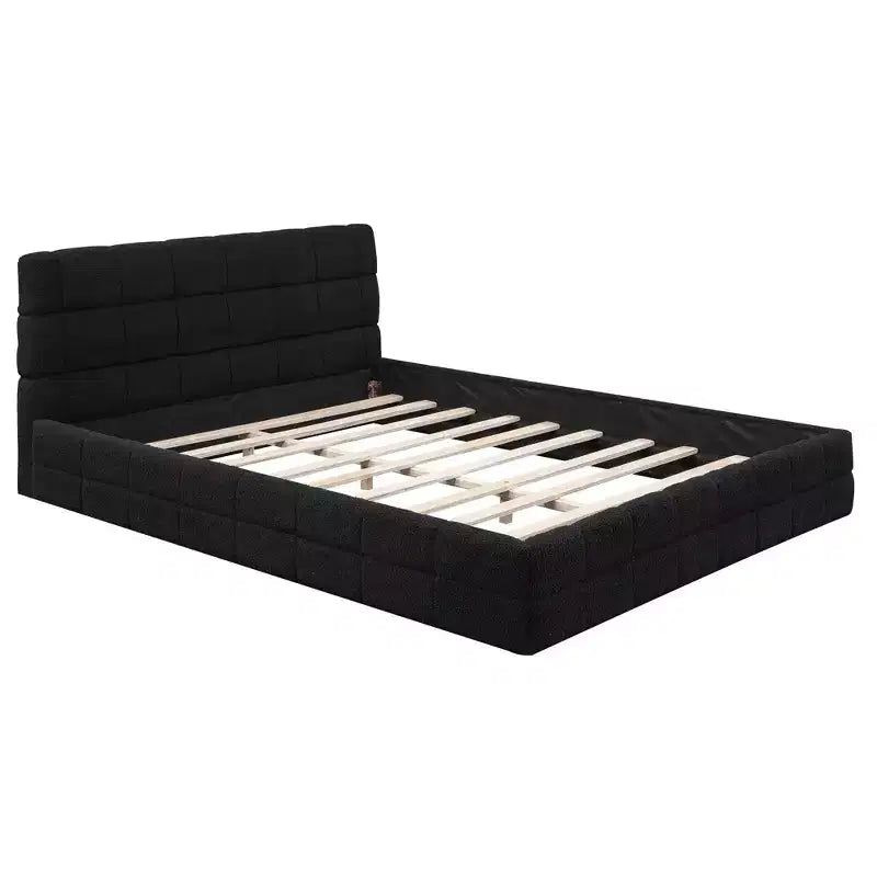 Queen Size Upholstered Wooden Platform Bed Frame with Velvet Headboard
