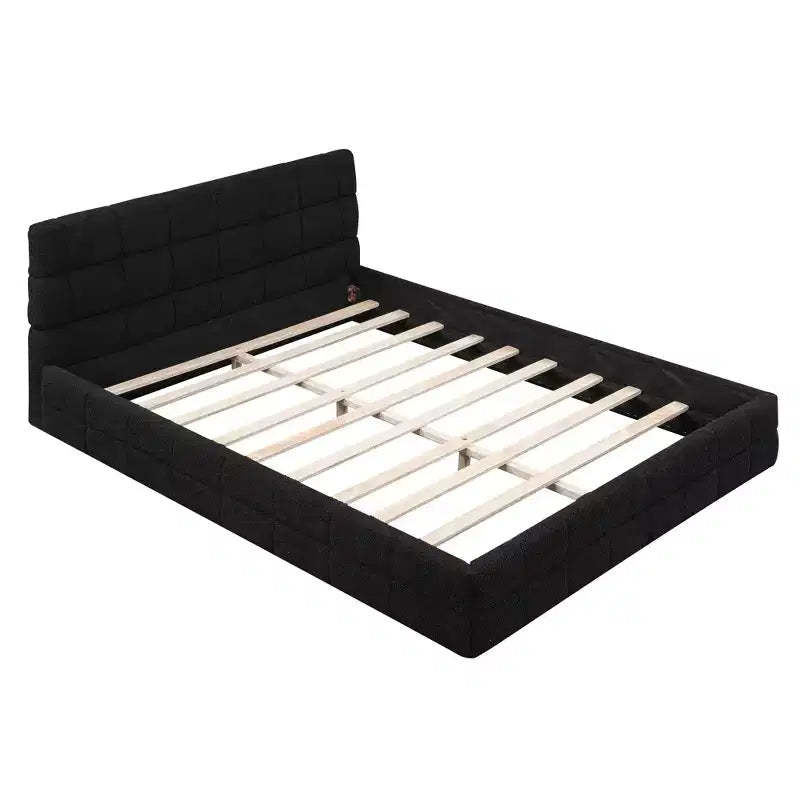 Queen Size Upholstered Wooden Platform Bed Frame with Velvet Headboard