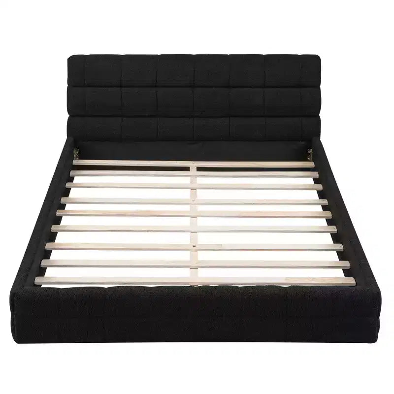 Queen Size Upholstered Wooden Platform Bed Frame with Velvet Headboard