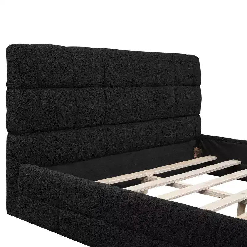 Queen Size Upholstered Wooden Platform Bed Frame with Velvet Headboard