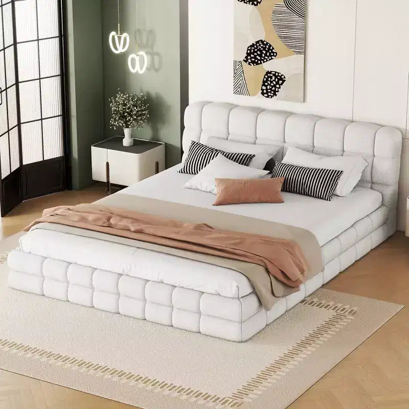 Queen Size Upholstered Wooden Platform Bed Frame with Velvet Headboard