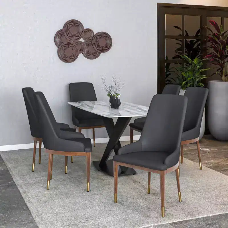 LeisureMod Modern Dining Chair Upholstered in Leather with Brown Rubberwood Legs Accent Kitchen Room Side Chairs