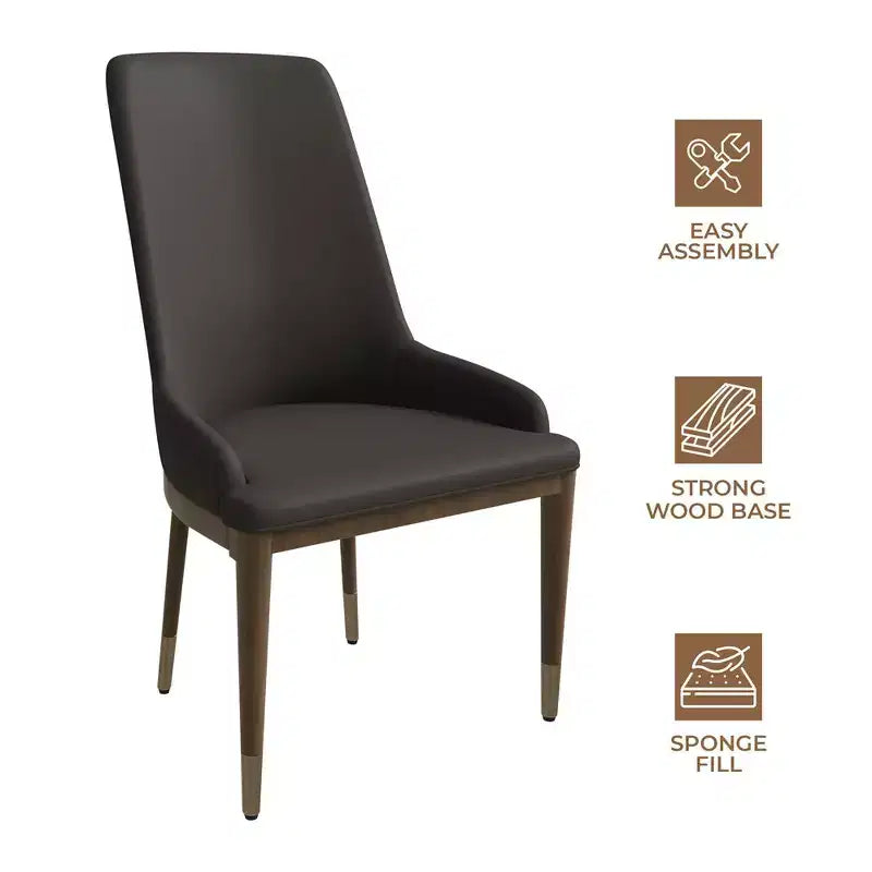 LeisureMod Modern Dining Chair Upholstered in Leather with Brown Rubberwood Legs Accent Kitchen Room Side Chairs