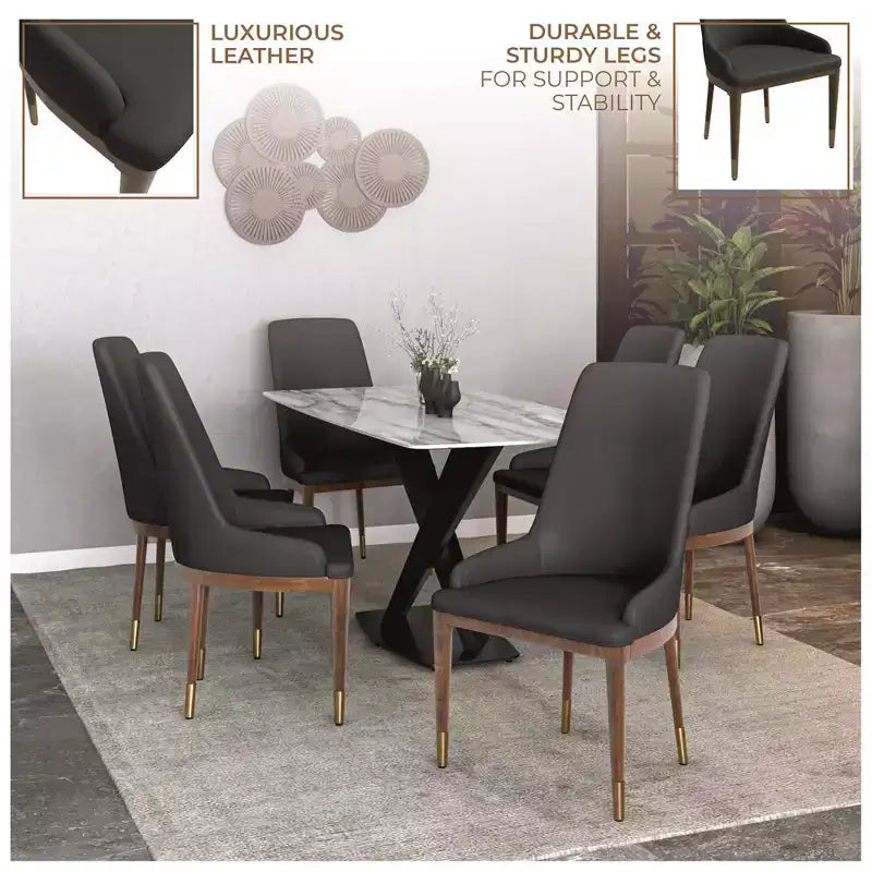 LeisureMod Modern Dining Chair Upholstered in Leather with Brown Rubberwood Legs Accent Kitchen Room Side Chairs