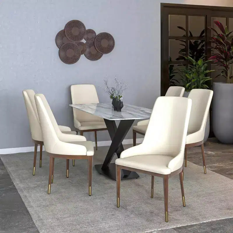 LeisureMod Modern Dining Chair Upholstered in Leather with Brown Rubberwood Legs Accent Kitchen Room Side Chairs