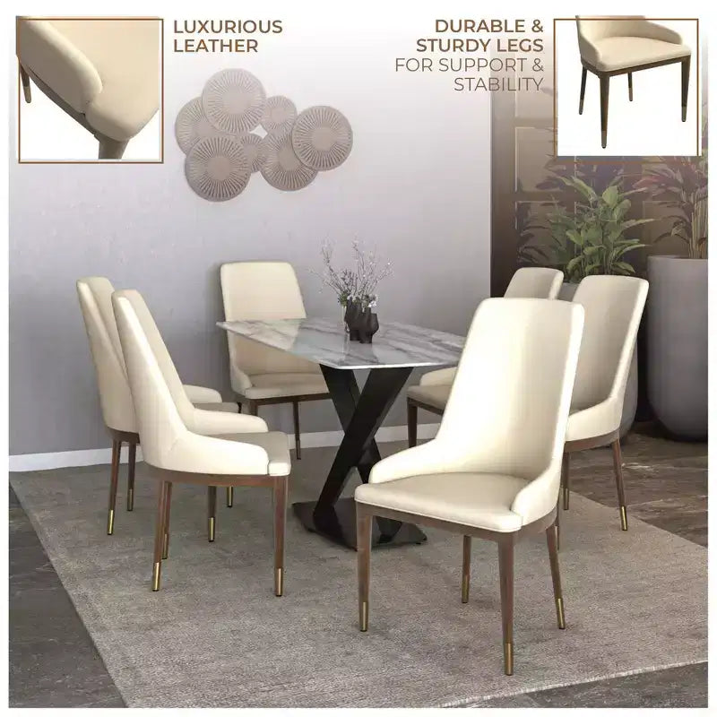 LeisureMod Modern Dining Chair Upholstered in Leather with Brown Rubberwood Legs Accent Kitchen Room Side Chairs