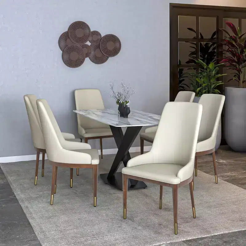 LeisureMod Modern Dining Chair Upholstered in Leather with Brown Rubberwood Legs Accent Kitchen Room Side Chairs