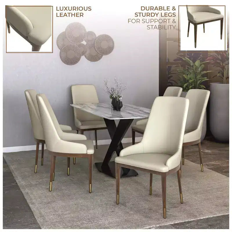 LeisureMod Modern Dining Chair Upholstered in Leather with Brown Rubberwood Legs Accent Kitchen Room Side Chairs