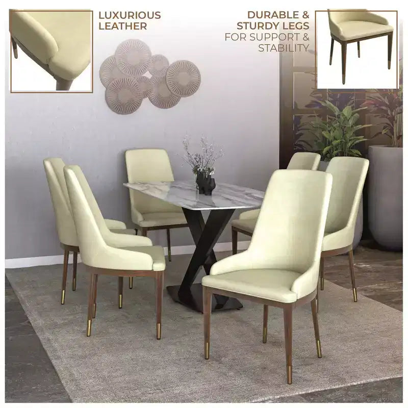 LeisureMod Modern Dining Chair Upholstered in Leather with Brown Rubberwood Legs Accent Kitchen Room Side Chairs