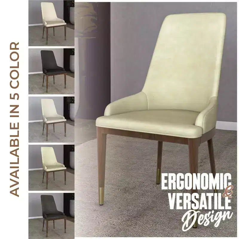 LeisureMod Modern Dining Chair Upholstered in Leather with Brown Rubberwood Legs Accent Kitchen Room Side Chairs