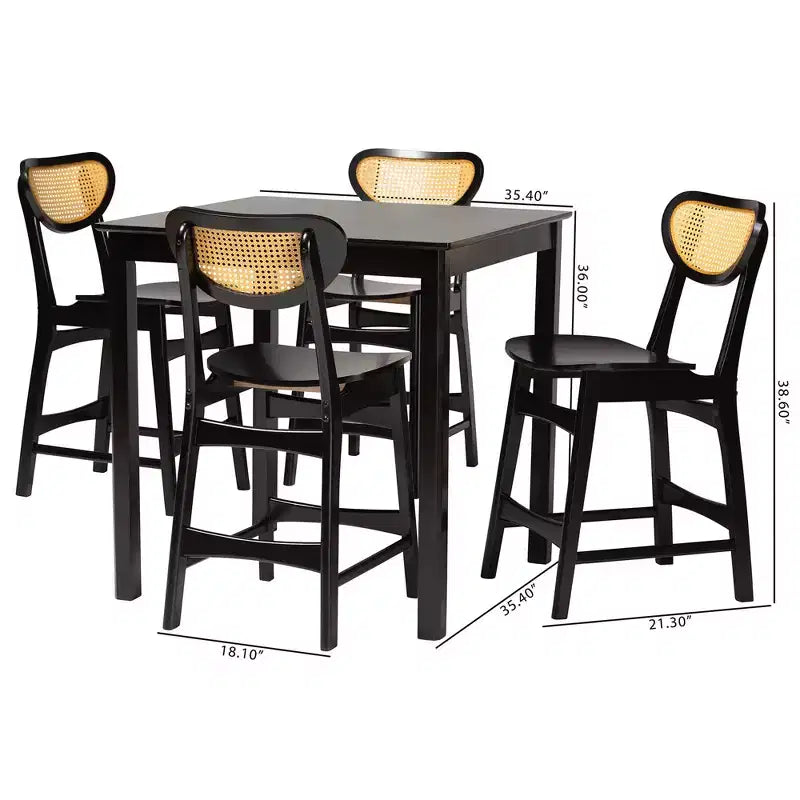 Mid-Century Modern Wood and Rattan 5-Piece Pub Set