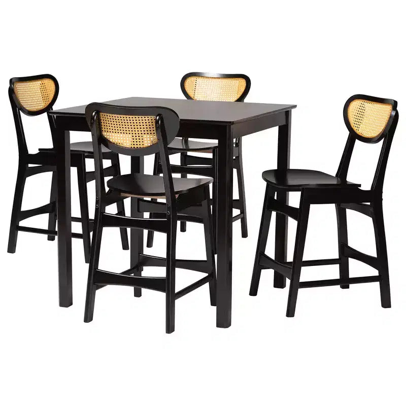 Mid-Century Modern Wood and Rattan 5-Piece Pub Set