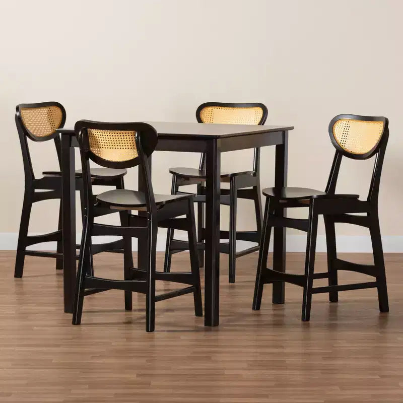 Mid-Century Modern Wood and Rattan 5-Piece Pub Set
