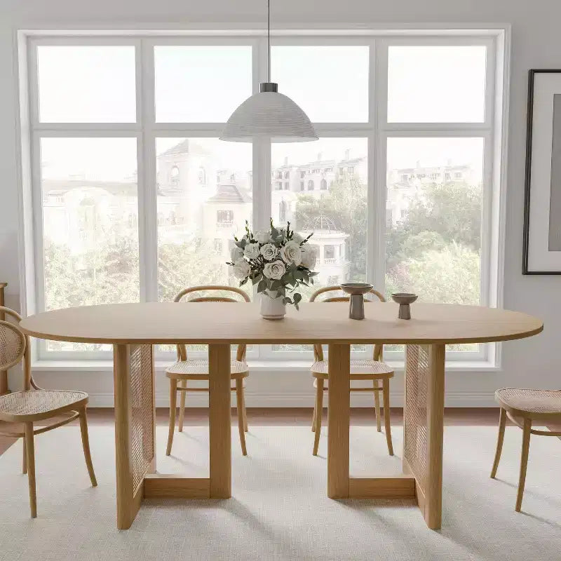 Dovelina Mid-Century Oval Wood Dining Table Set 6 People - 67, Natural Wood