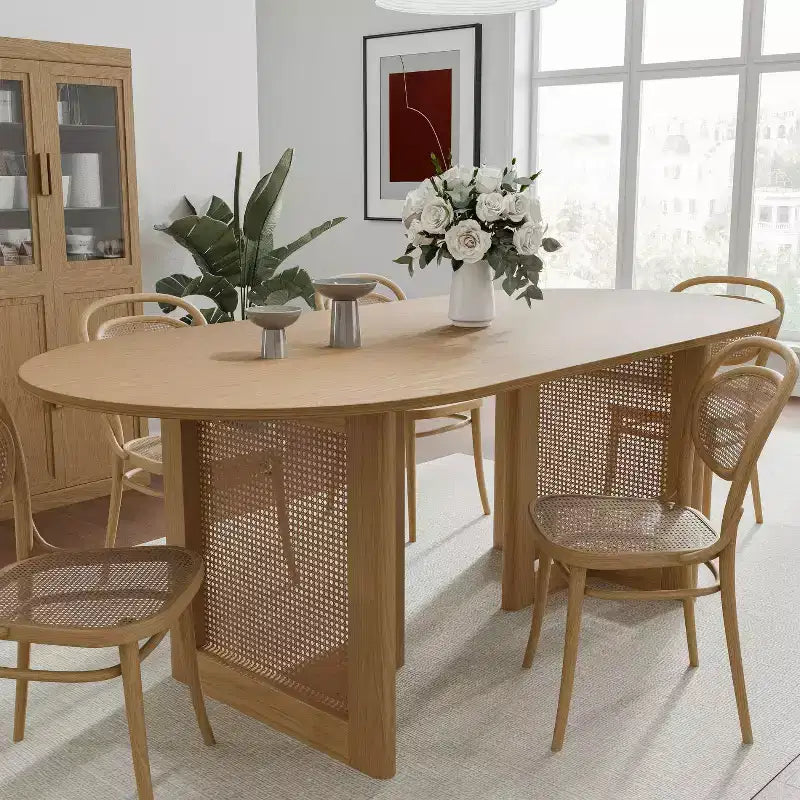 Dovelina Mid-Century Oval Wood Dining Table Set 6 People - 67, Natural Wood