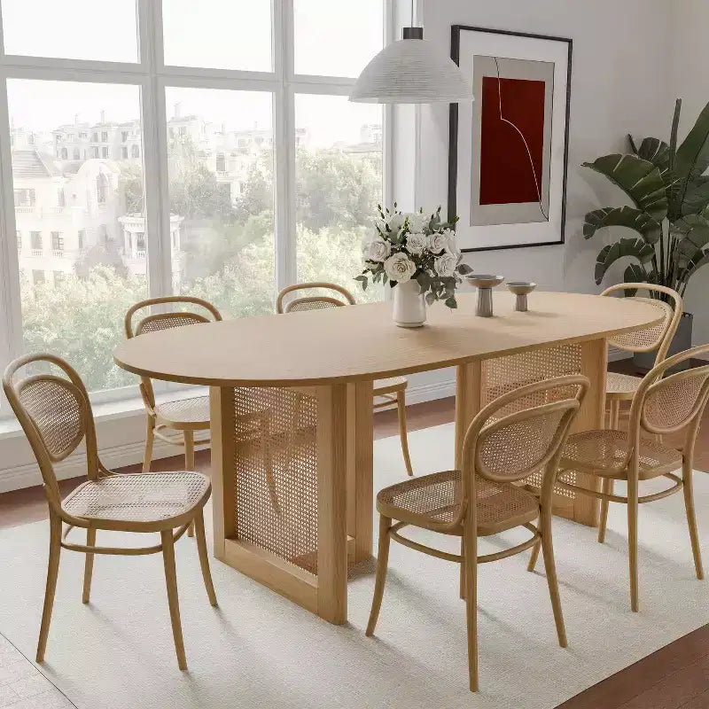 Dovelina Mid-Century Oval Wood Dining Table Set 6 People - 67, Natural Wood