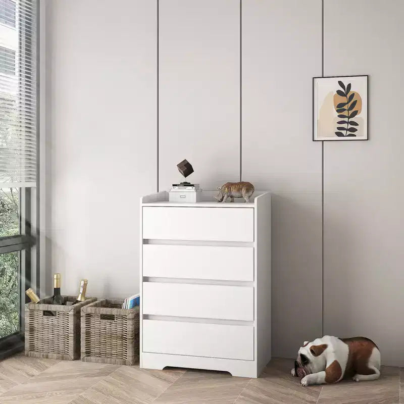 4 Drawer Dresser, Chest of Drawers without Handle, White Dresser for Bedroom, Waterproof Wooden Cabinet with Sturdy Frame for Living Room, Entryway