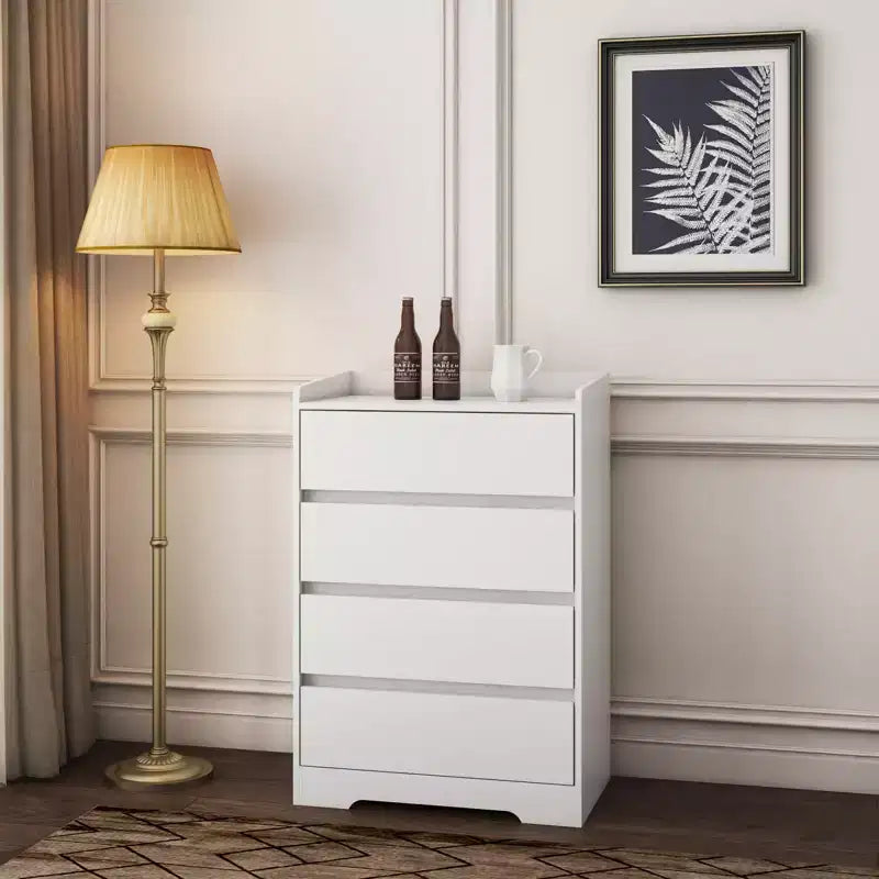 4 Drawer Dresser, Chest of Drawers without Handle, White Dresser for Bedroom, Waterproof Wooden Cabinet with Sturdy Frame for Living Room, Entryway