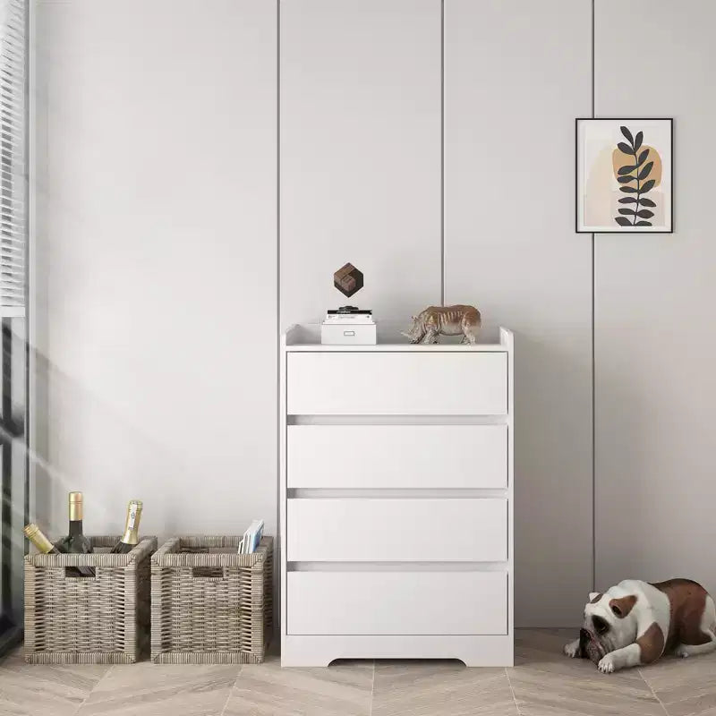 4 Drawer Dresser, Chest of Drawers without Handle, White Dresser for Bedroom, Waterproof Wooden Cabinet with Sturdy Frame for Living Room, Entryway