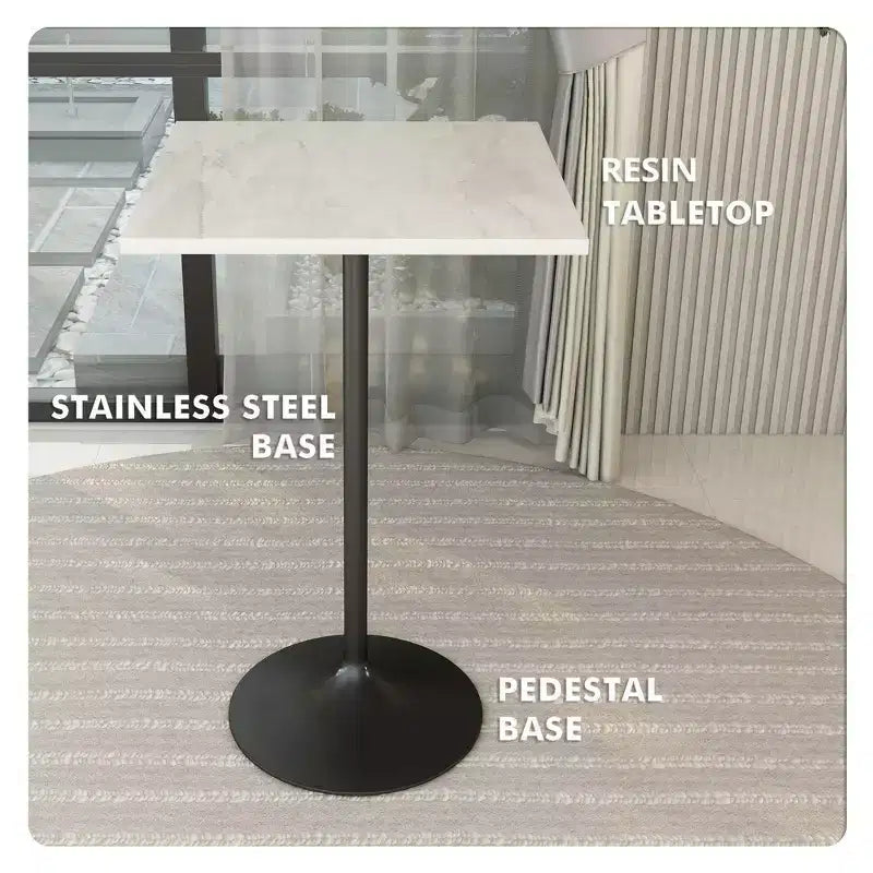 LeisureMod Verve 27 Sqaure Bar Height Dining Table - Modern Resin Top with Black Steel Pedestal Base Counter Height Table for Kitchen, Home, and Pub