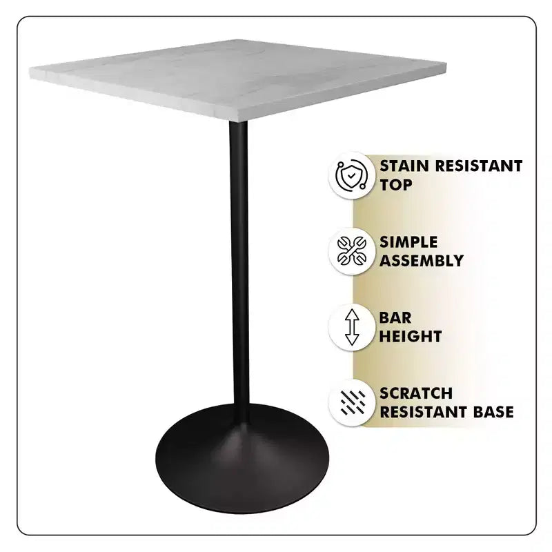 LeisureMod Verve 27 Sqaure Bar Height Dining Table - Modern Resin Top with Black Steel Pedestal Base Counter Height Table for Kitchen, Home, and Pub